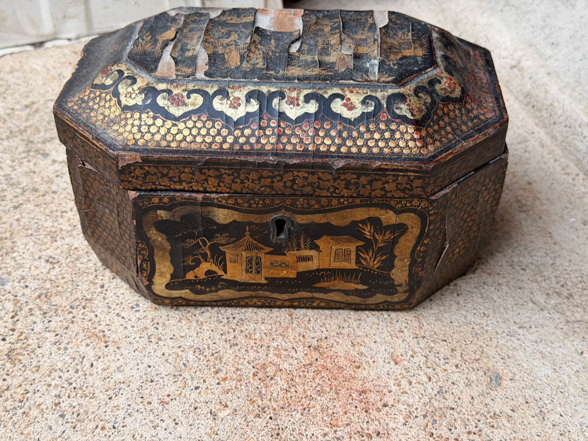 Antique Chinese Export Black Gilt Lacquer Tea Caddy Pewter Canisters Qing 19th C
