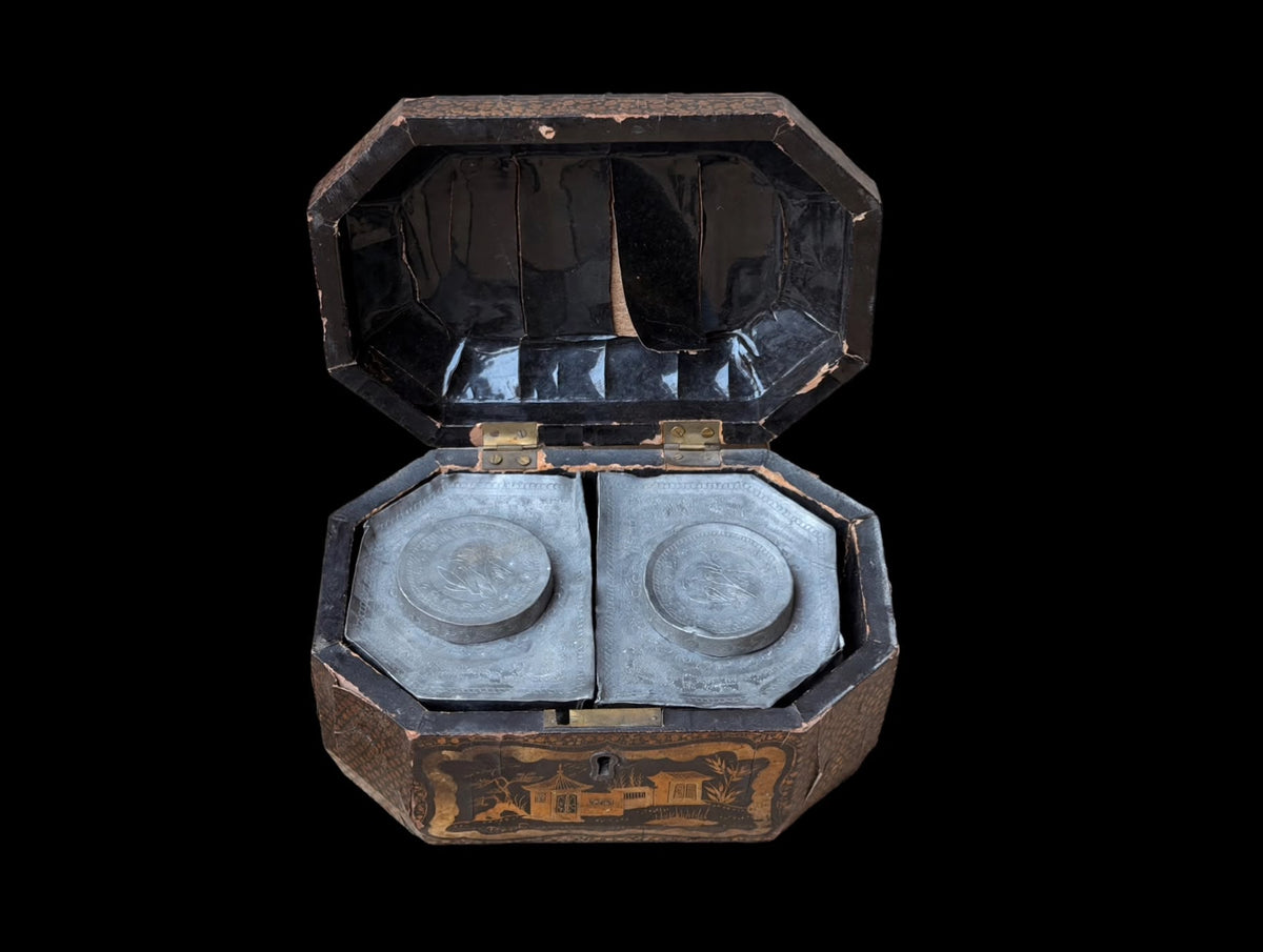 Antique Chinese Export Black Gilt Lacquer Tea Caddy Pewter Canisters Qing 19th C