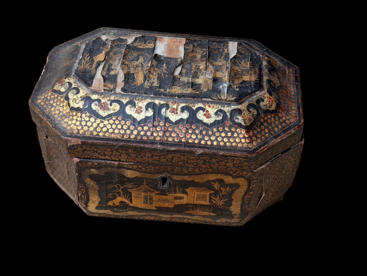 Antique Chinese Export Black Gilt Lacquer Tea Caddy Pewter Canisters Qing 19th C