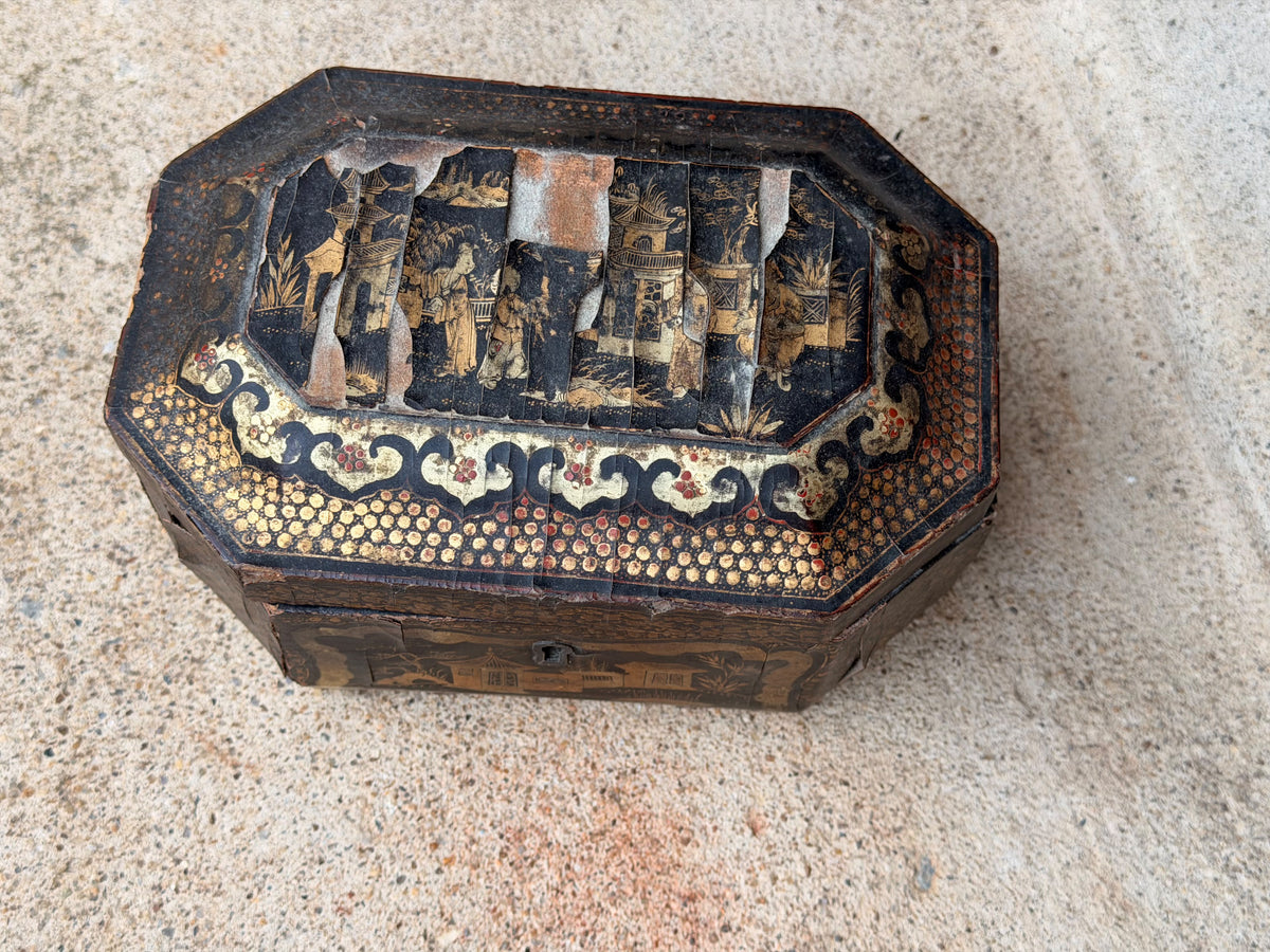 Antique Chinese Export Black Gilt Lacquer Tea Caddy Pewter Canisters Qing 19th C