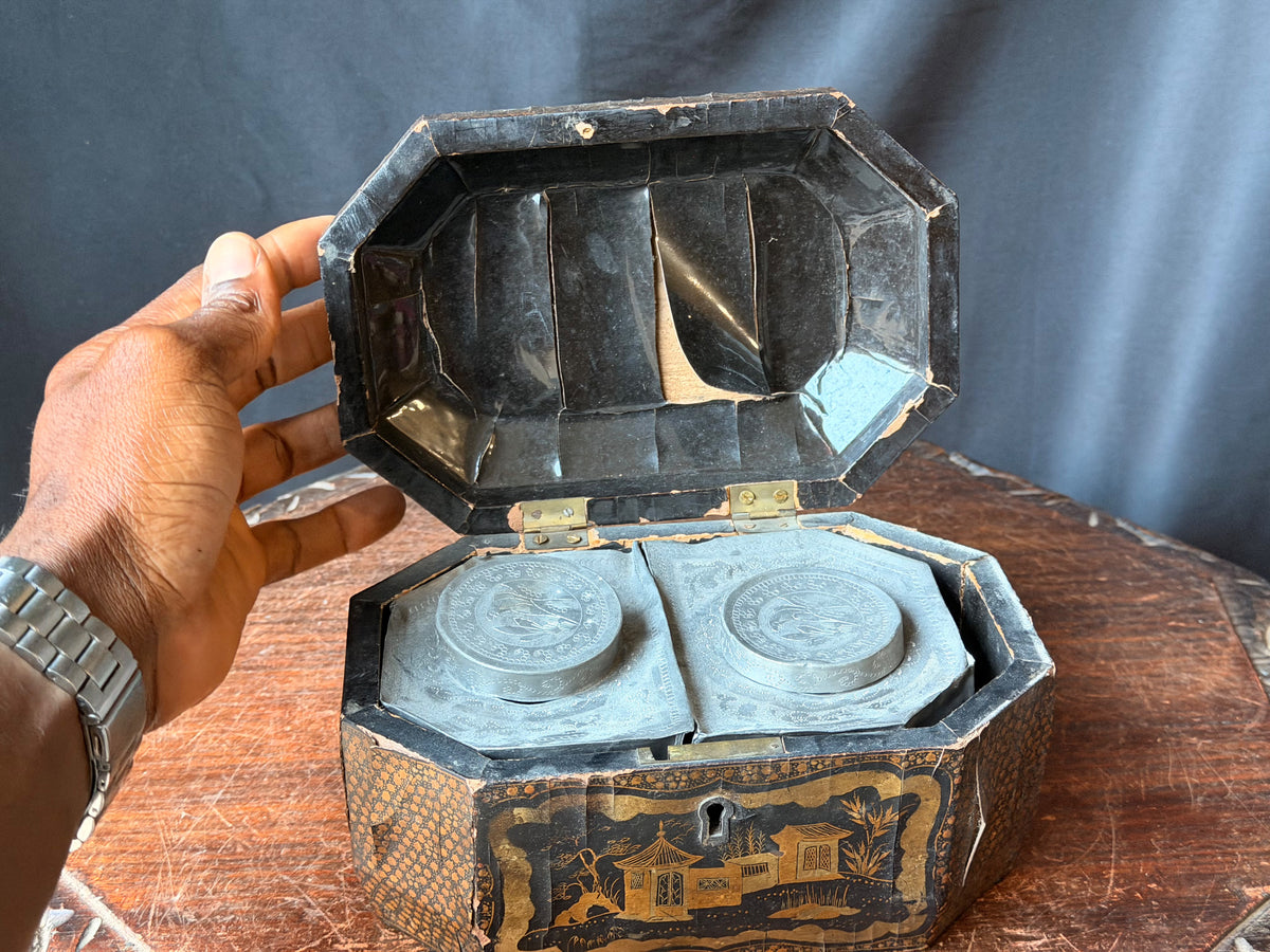 Antique Chinese Export Black Gilt Lacquer Tea Caddy Pewter Canisters Qing 19th C
