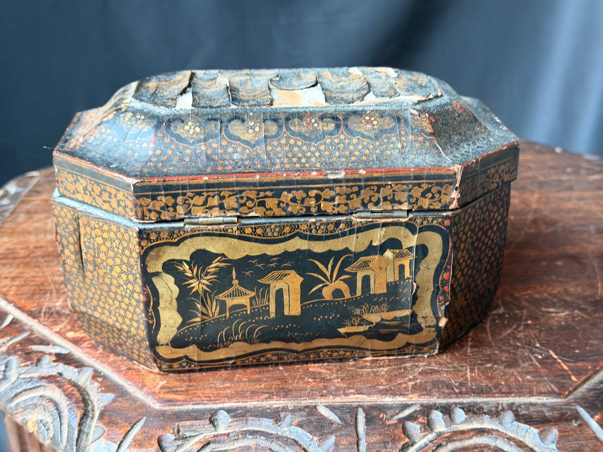 Antique Chinese Export Black Gilt Lacquer Tea Caddy Pewter Canisters Qing 19th C