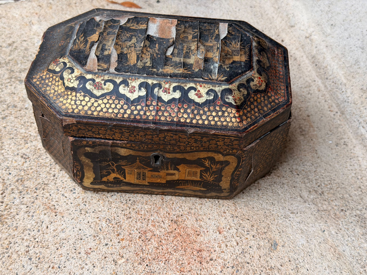 Antique Chinese Export Black Gilt Lacquer Tea Caddy Pewter Canisters Qing 19th C