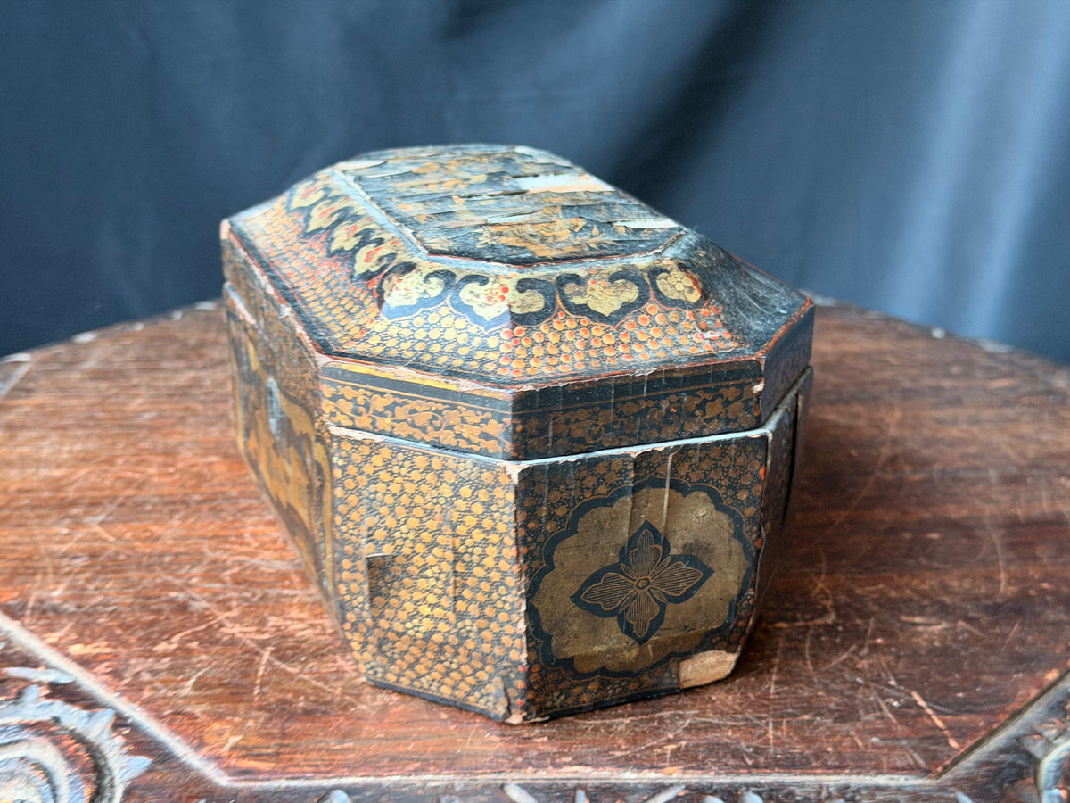 Antique Chinese Export Black Gilt Lacquer Tea Caddy Pewter Canisters Qing 19th C