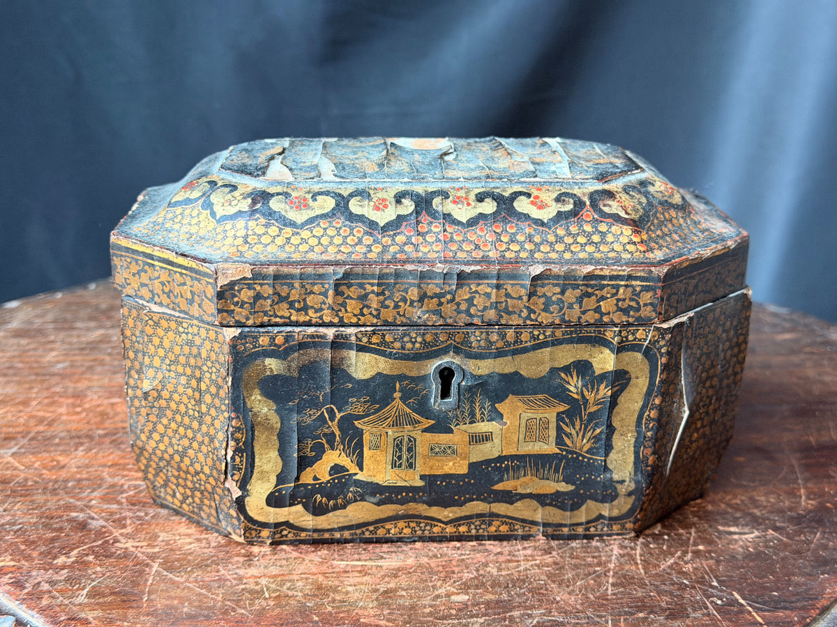 Antique Chinese Export Black Gilt Lacquer Tea Caddy Pewter Canisters Qing 19th C