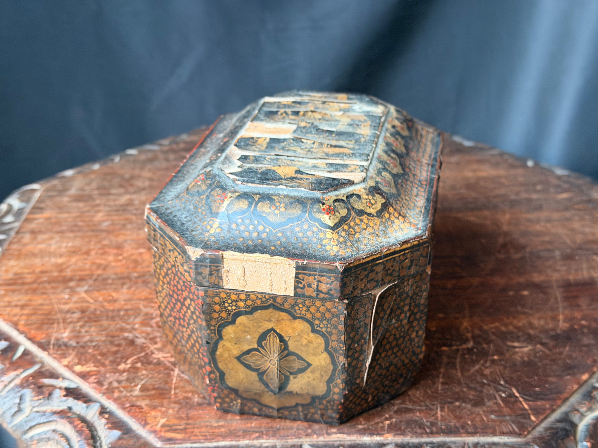 Antique Chinese Export Black Gilt Lacquer Tea Caddy Pewter Canisters Qing 19th C