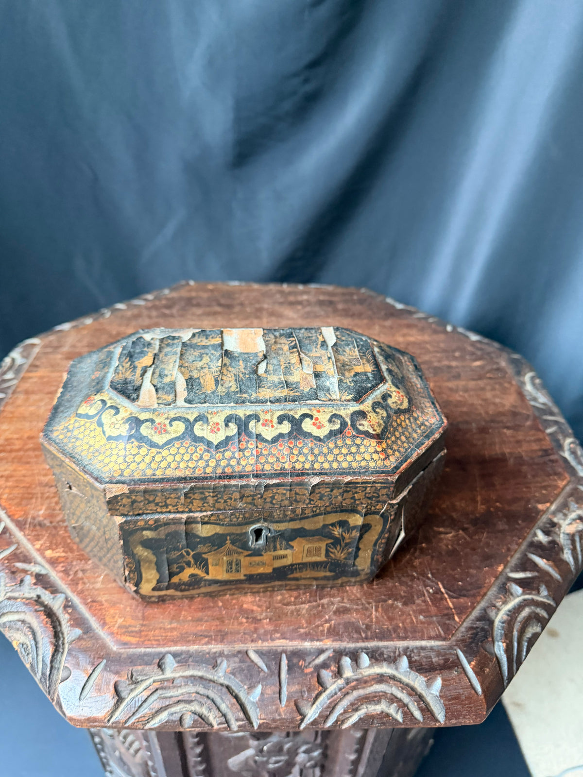 Antique Chinese Export Black Gilt Lacquer Tea Caddy Pewter Canisters Qing 19th C