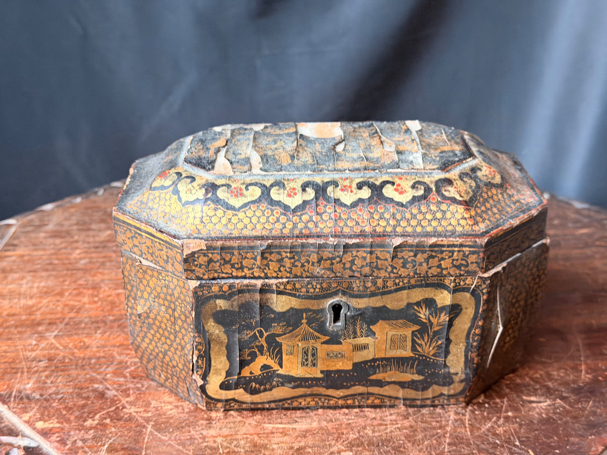 Antique Chinese Export Black Gilt Lacquer Tea Caddy Pewter Canisters Qing 19th C