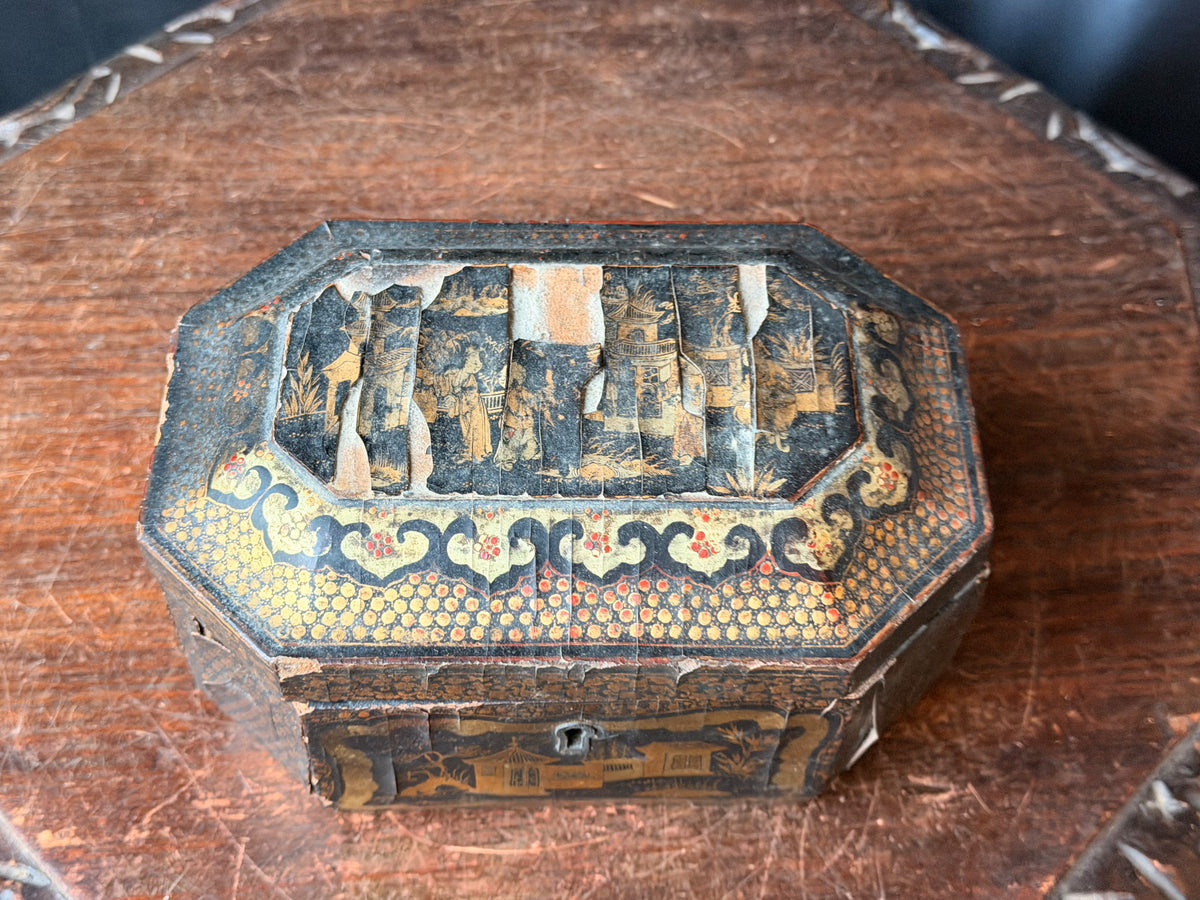 Antique Chinese Export Black Gilt Lacquer Tea Caddy Pewter Canisters Qing 19th C