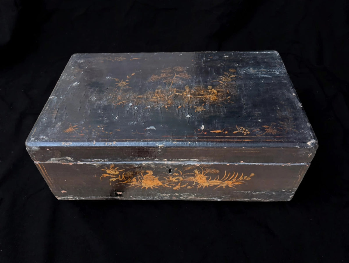 Antique Chinese Export Black Gilt Lacquer Work Box Drawer Figures Qing 19th C