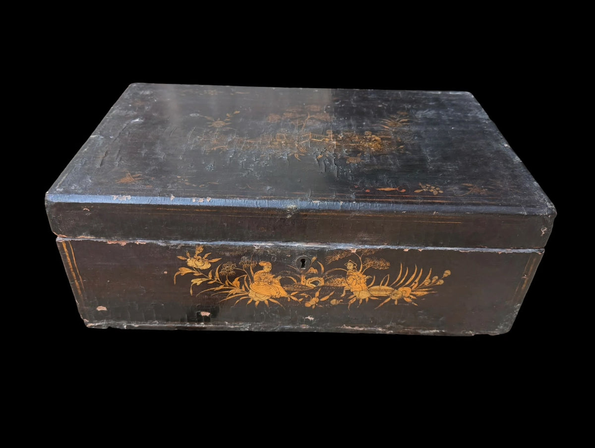 Antique Chinese Export Black Gilt Lacquer Work Box Drawer Figures Qing 19th C