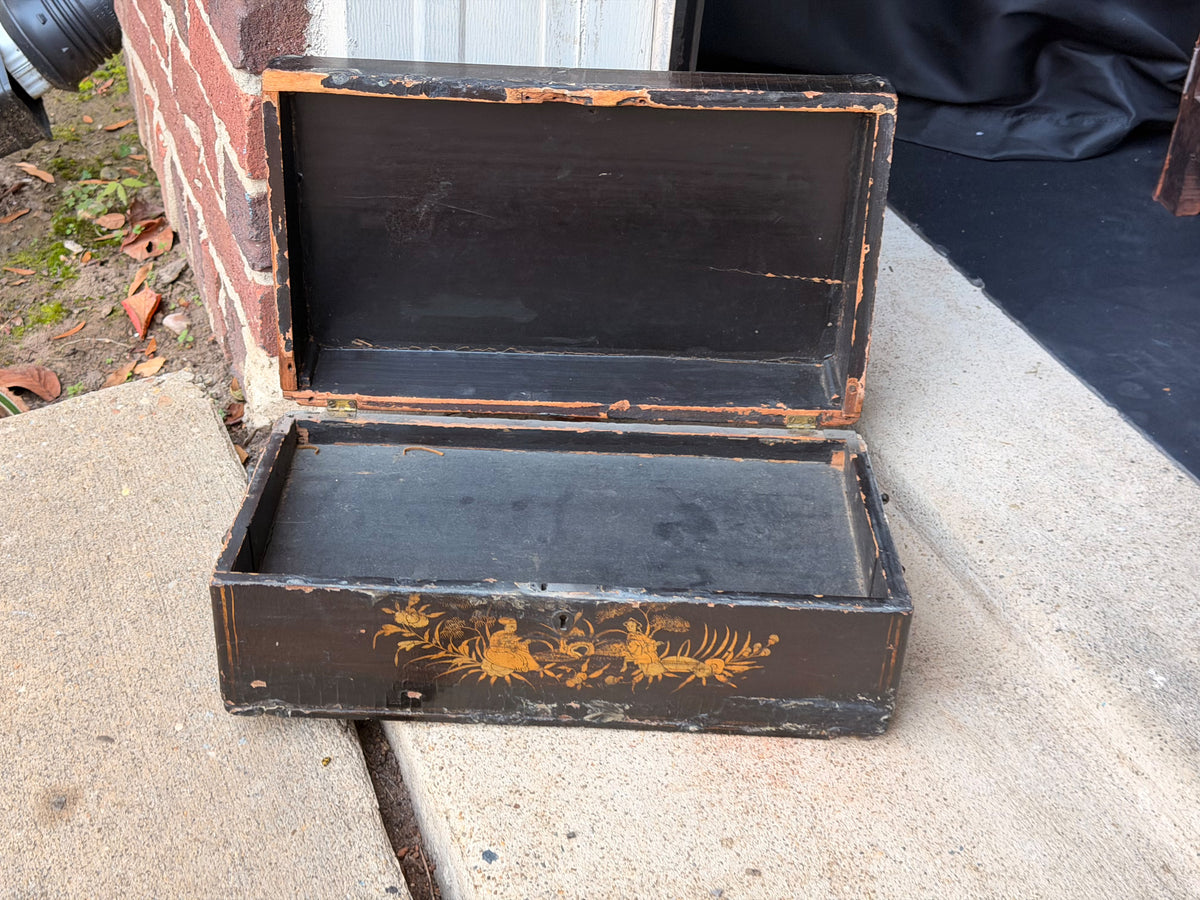 Antique Chinese Export Black Gilt Lacquer Work Box Drawer Figures Qing 19th C