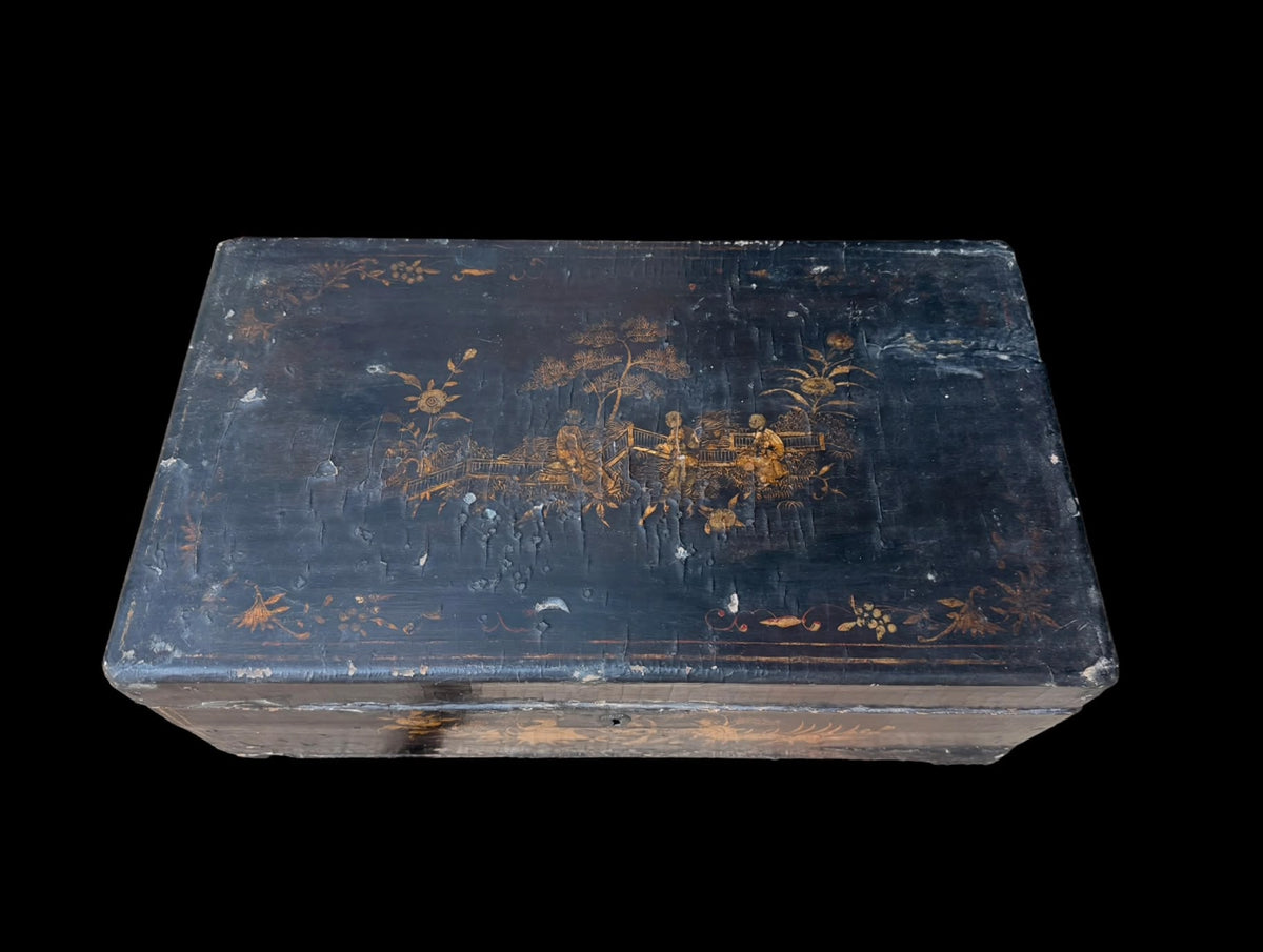 Antique Chinese Export Black Gilt Lacquer Work Box Drawer Figures Qing 19th C