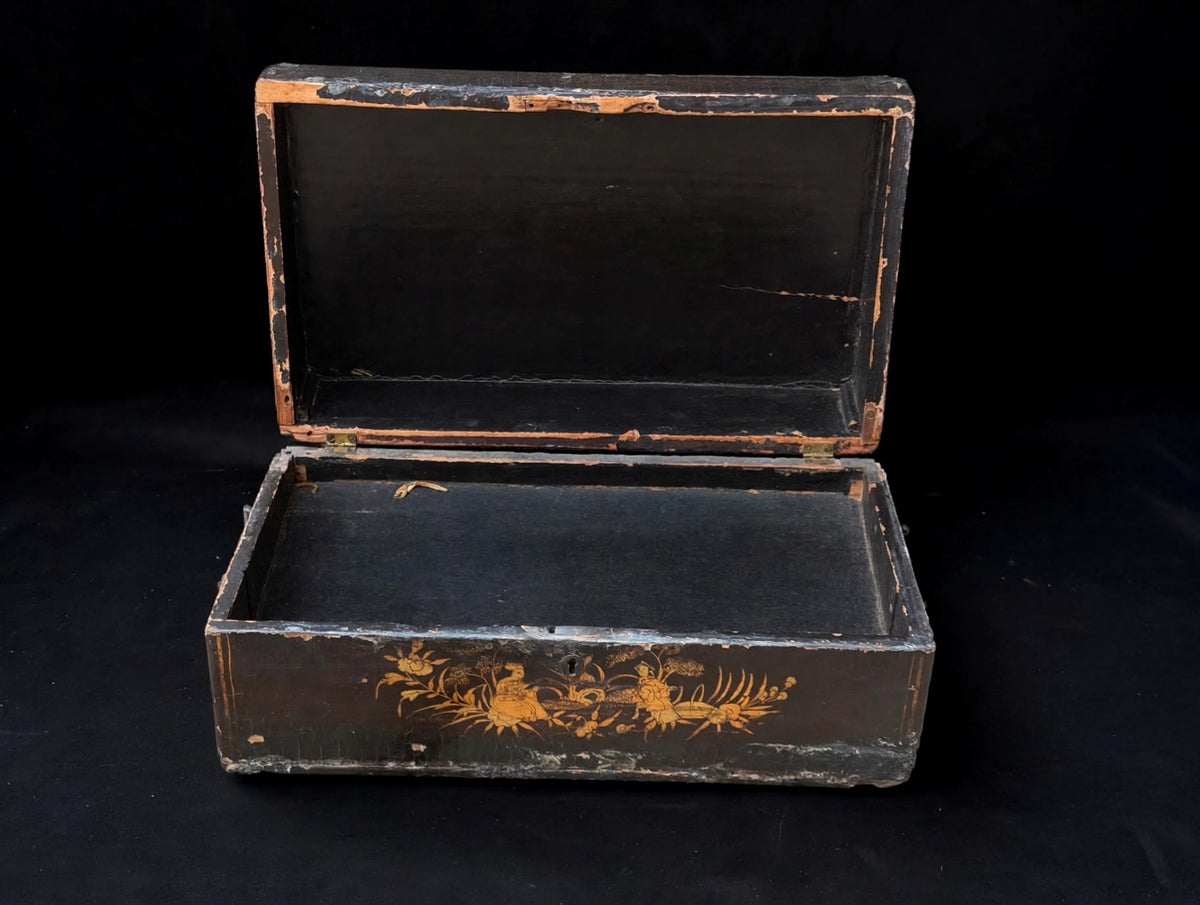 Antique Chinese Export Black Gilt Lacquer Work Box Drawer Figures Qing 19th C