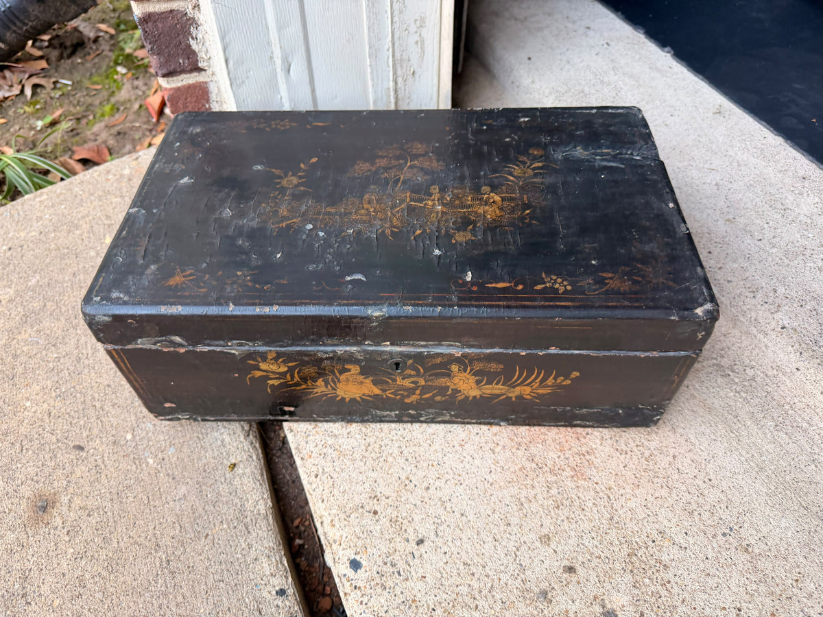 Antique Chinese Export Black Gilt Lacquer Work Box Drawer Figures Qing 19th C