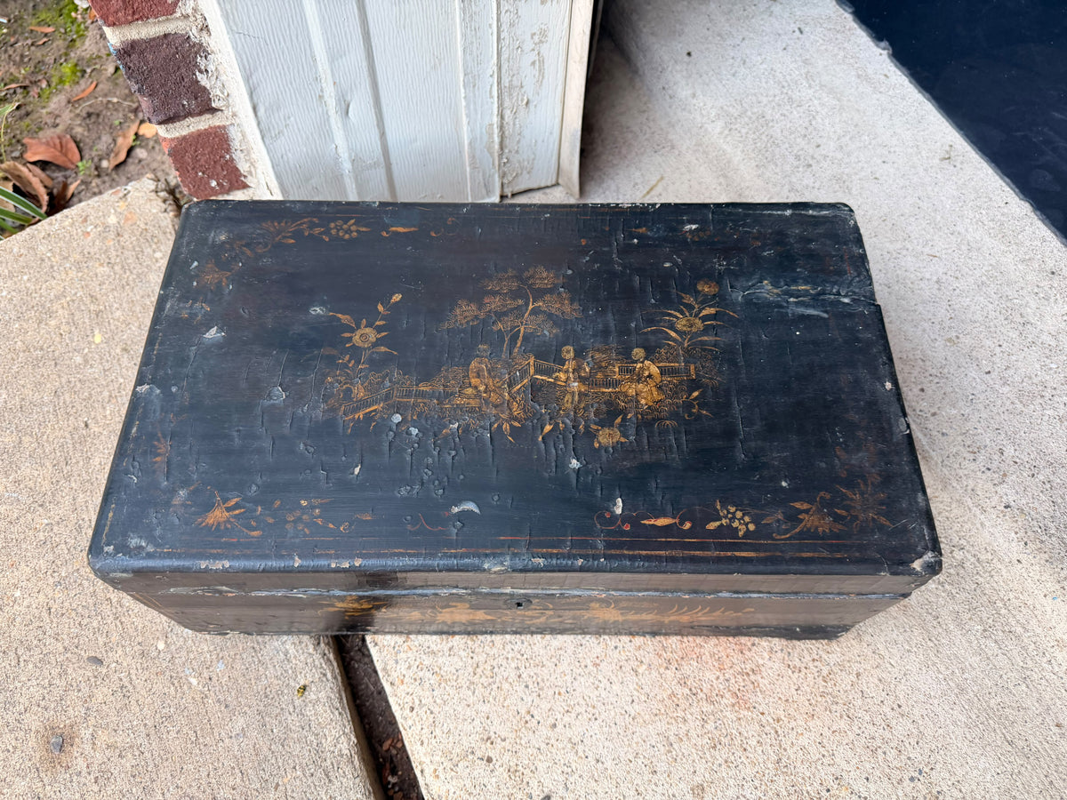 Antique Chinese Export Black Gilt Lacquer Work Box Drawer Figures Qing 19th C