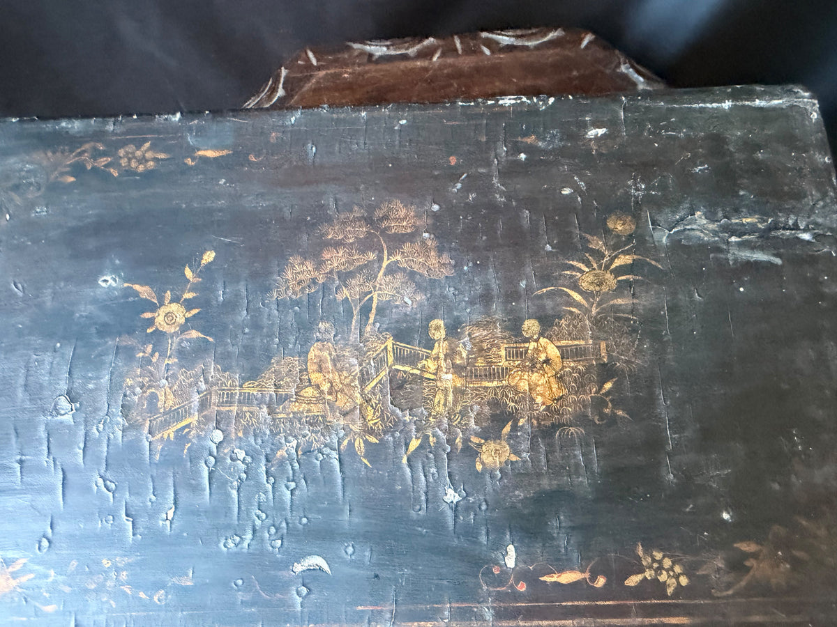 Antique Chinese Export Black Gilt Lacquer Work Box Drawer Figures Qing 19th C