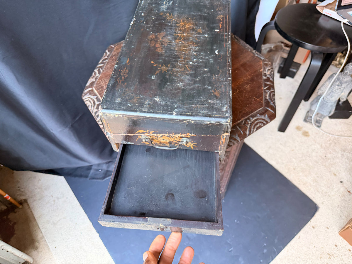Antique Chinese Export Black Gilt Lacquer Work Box Drawer Figures Qing 19th C