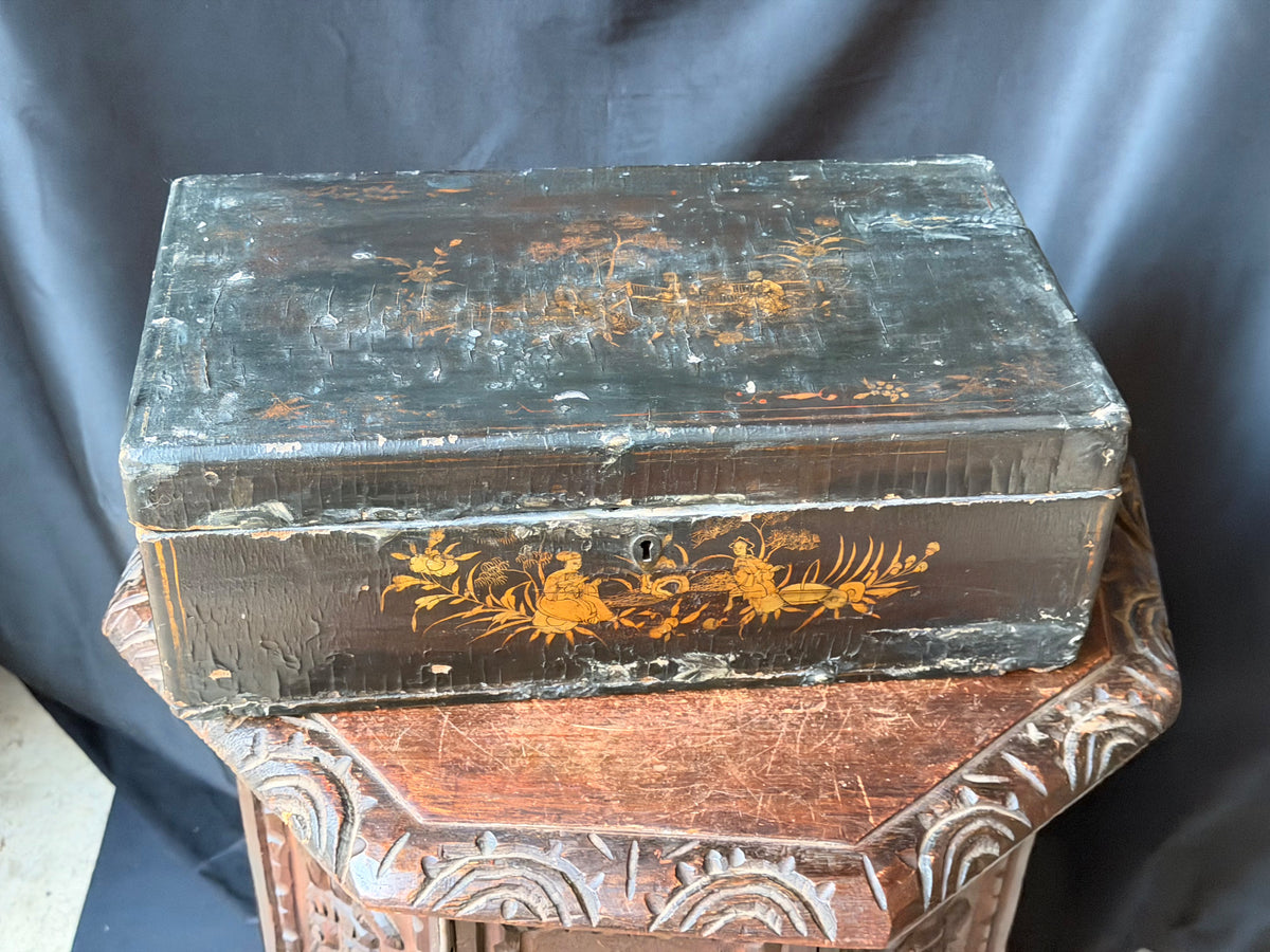 Antique Chinese Export Black Gilt Lacquer Work Box Drawer Figures Qing 19th C