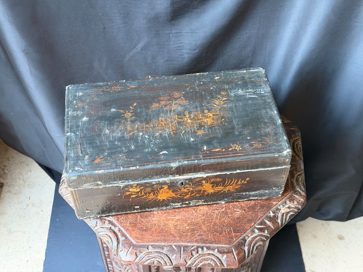 Antique Chinese Export Black Gilt Lacquer Work Box Drawer Figures Qing 19th C