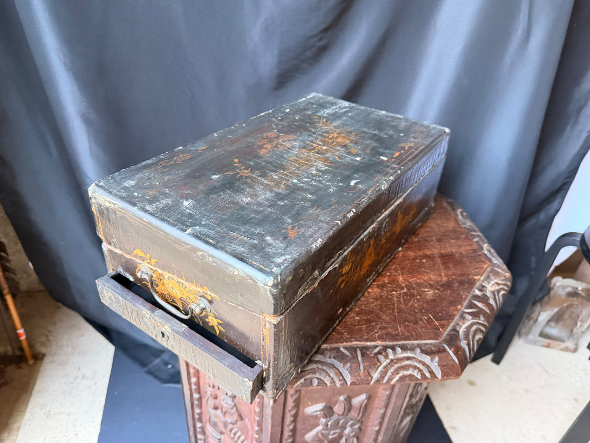 Antique Chinese Export Black Gilt Lacquer Work Box Drawer Figures Qing 19th C