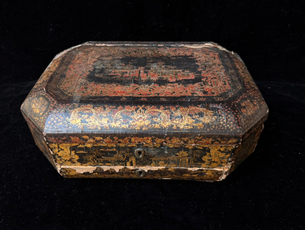 Antique Chinese Export Red Gilt Lacquer Work Box Writing Slope Drawer 19th C