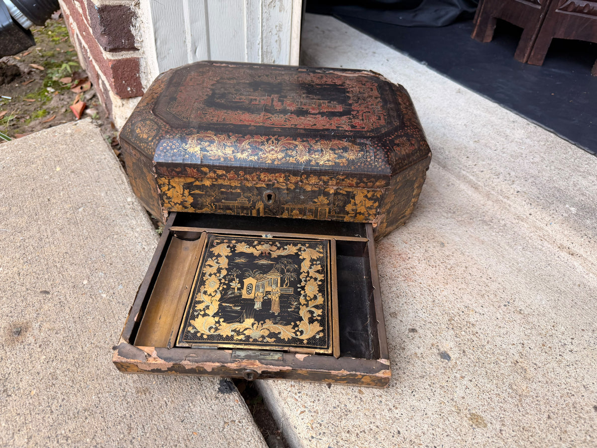 Antique Chinese Export Red Gilt Lacquer Work Box Writing Slope Drawer 19th C