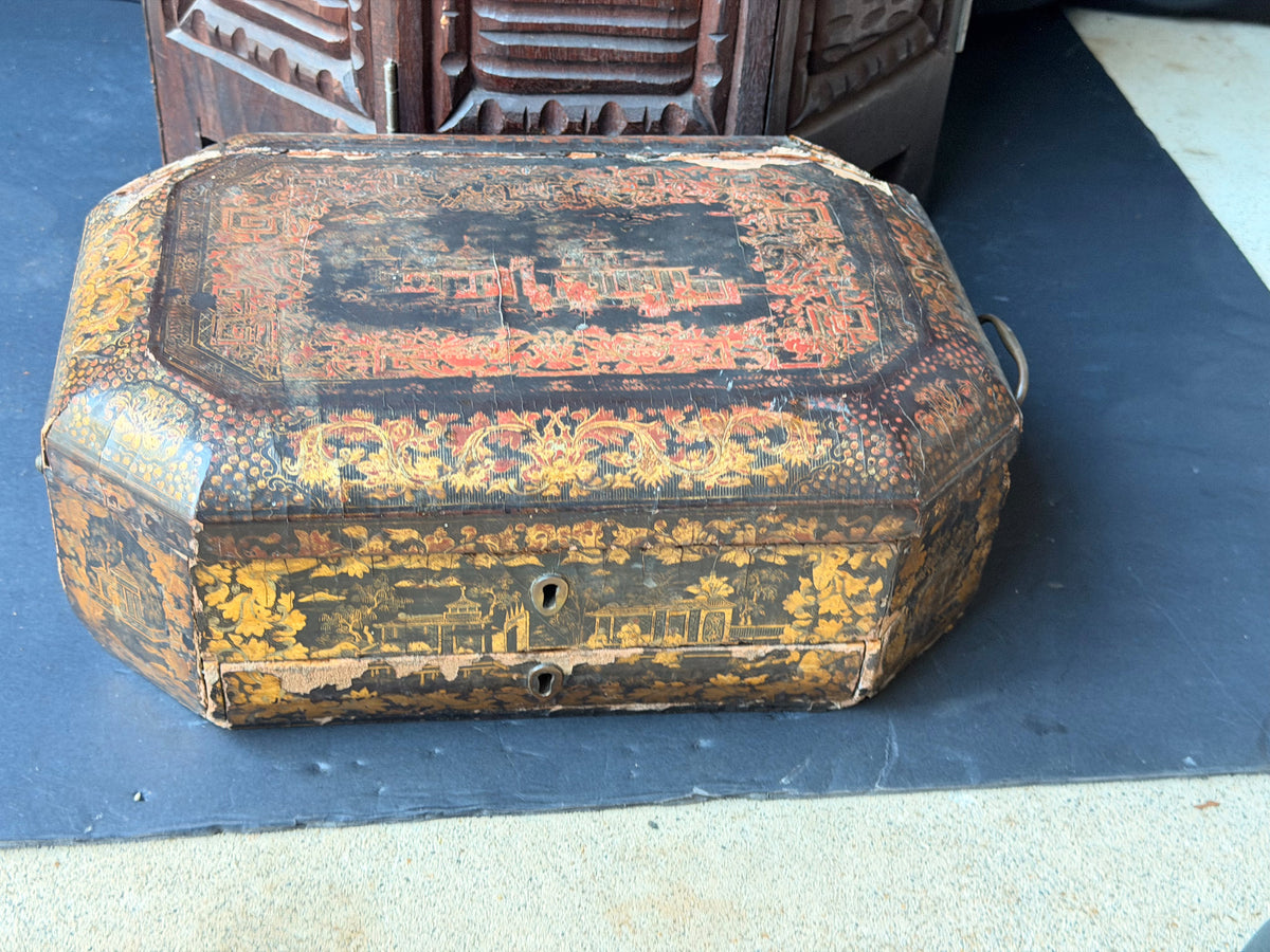Antique Chinese Export Red Gilt Lacquer Work Box Writing Slope Drawer 19th C