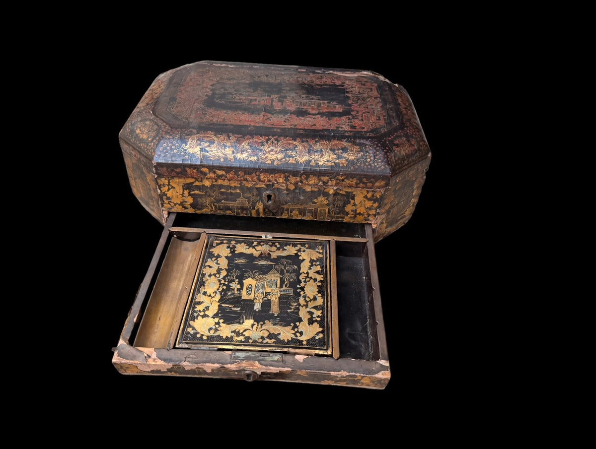 Antique Chinese Export Red Gilt Lacquer Work Box Writing Slope Drawer 19th C