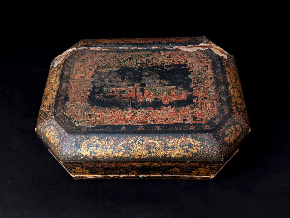 Antique Chinese Export Red Gilt Lacquer Work Box Writing Slope Drawer 19th C