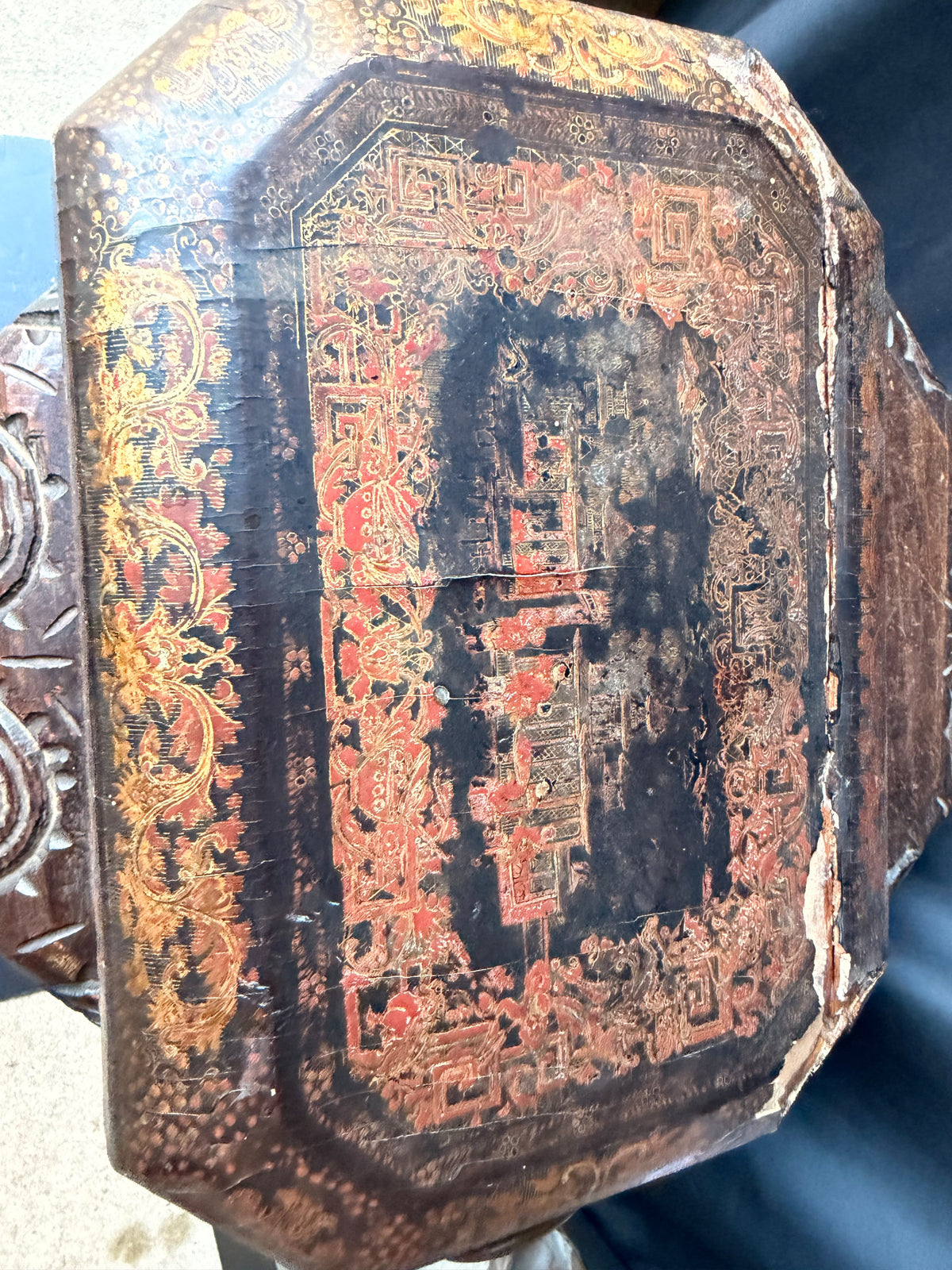 Antique Chinese Export Red Gilt Lacquer Work Box Writing Slope Drawer 19th C