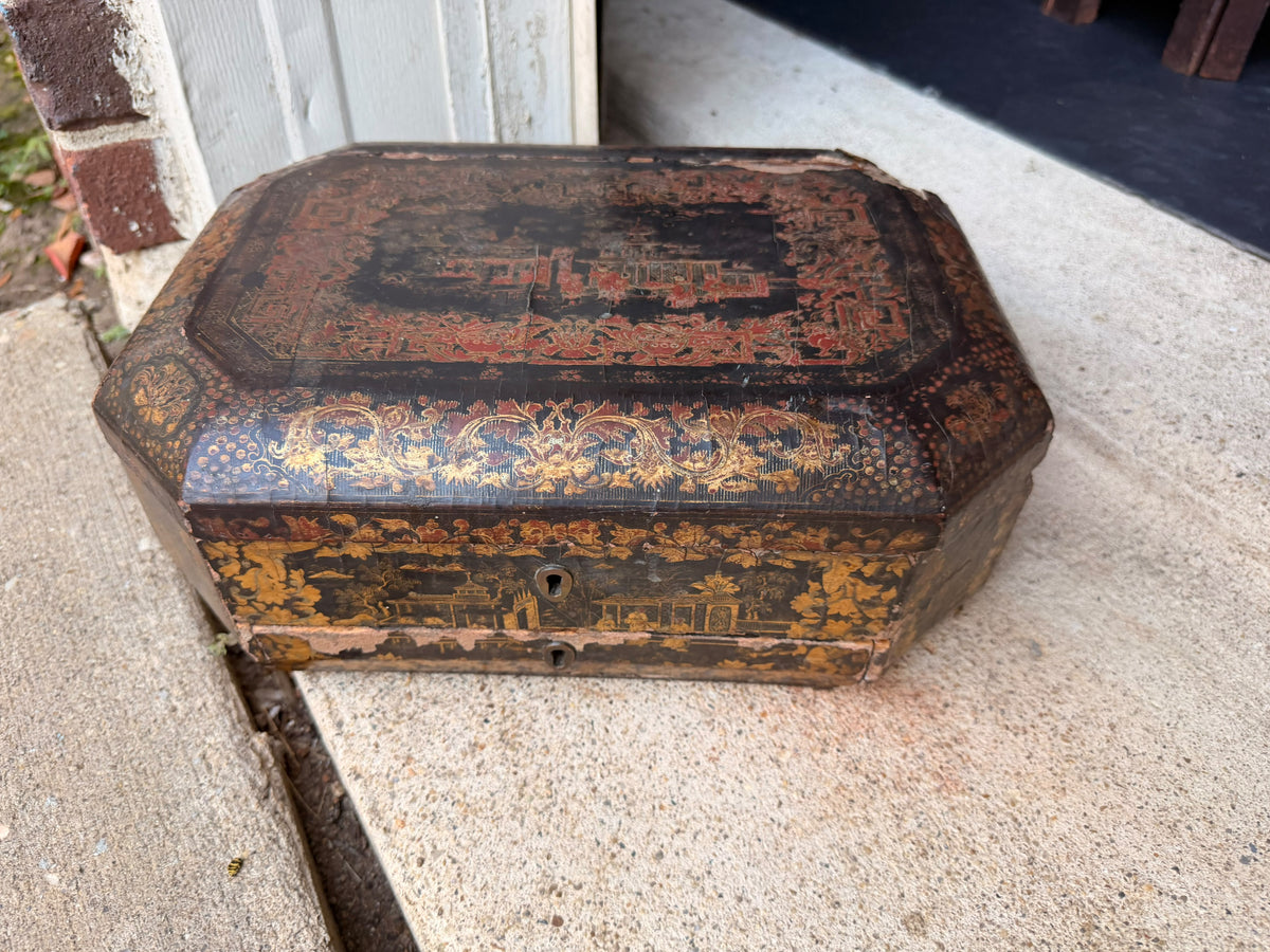 Antique Chinese Export Red Gilt Lacquer Work Box Writing Slope Drawer 19th C