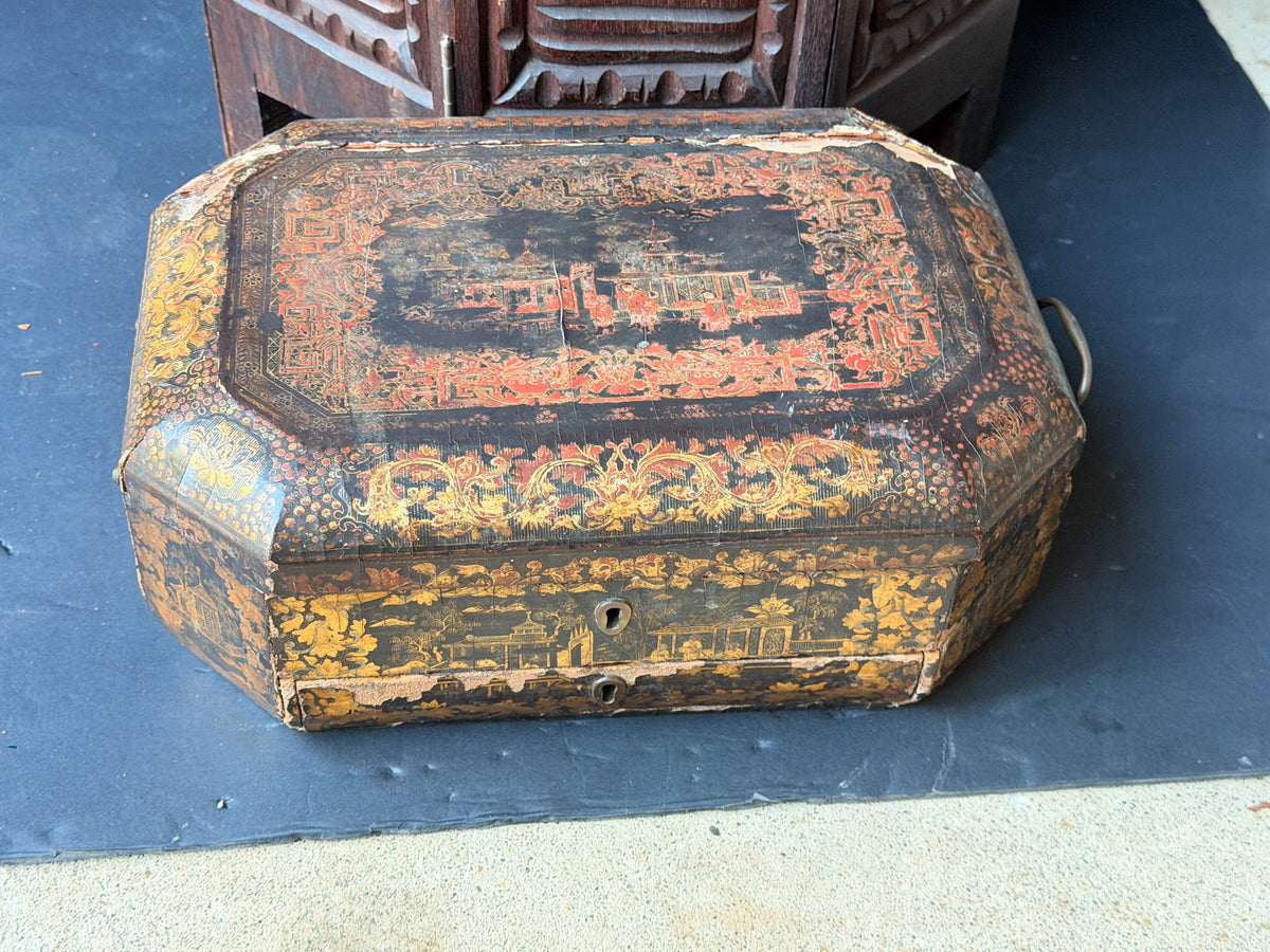 Antique Chinese Export Red Gilt Lacquer Work Box Writing Slope Drawer 19th C