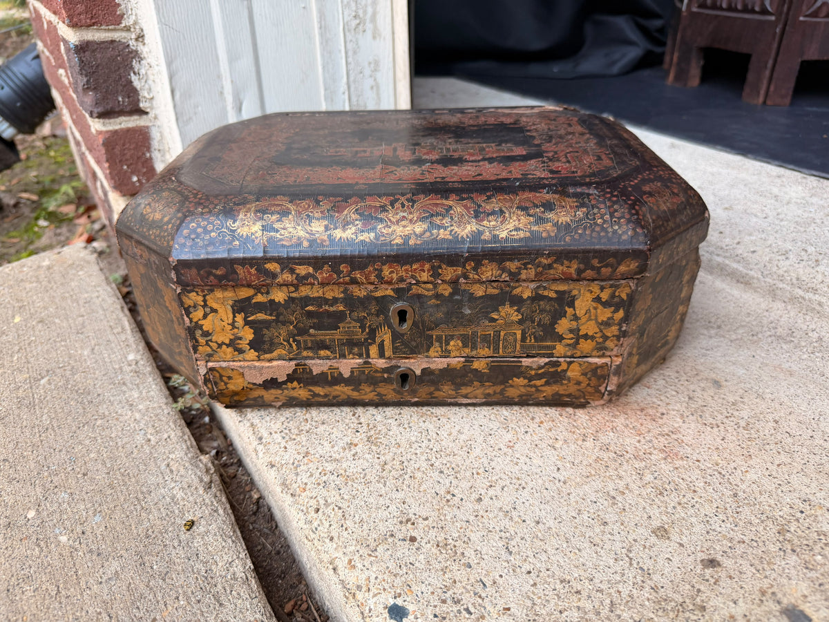 Antique Chinese Export Red Gilt Lacquer Work Box Writing Slope Drawer 19th C