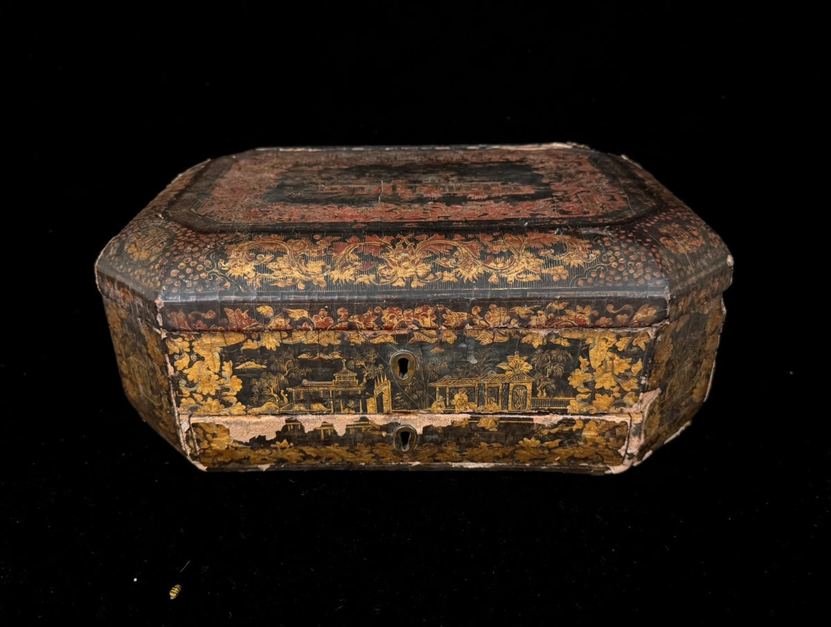 Antique Chinese Export Red Gilt Lacquer Work Box Writing Slope Drawer 19th C
