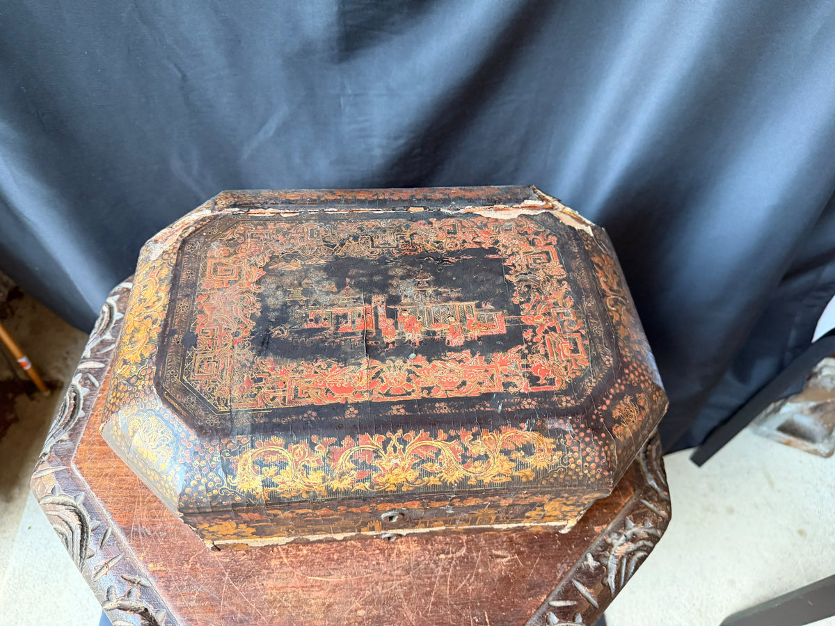 Antique Chinese Export Red Gilt Lacquer Work Box Writing Slope Drawer 19th C