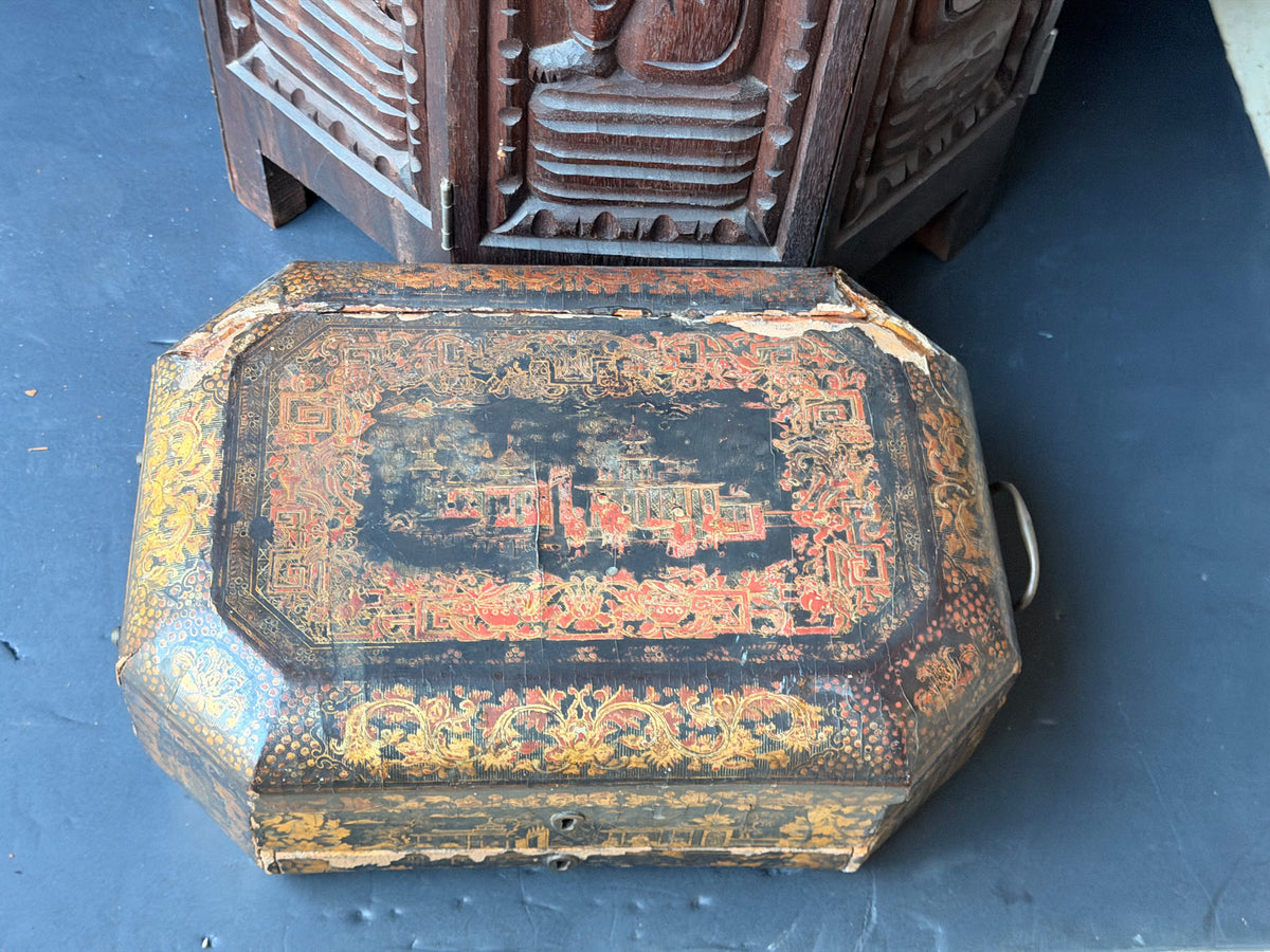 Antique Chinese Export Red Gilt Lacquer Work Box Writing Slope Drawer 19th C