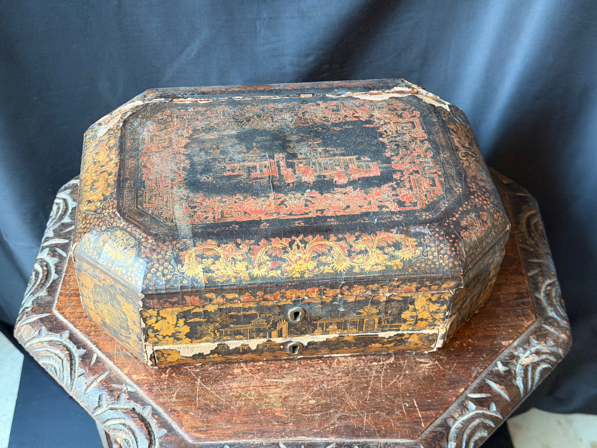 Antique Chinese Export Red Gilt Lacquer Work Box Writing Slope Drawer 19th C