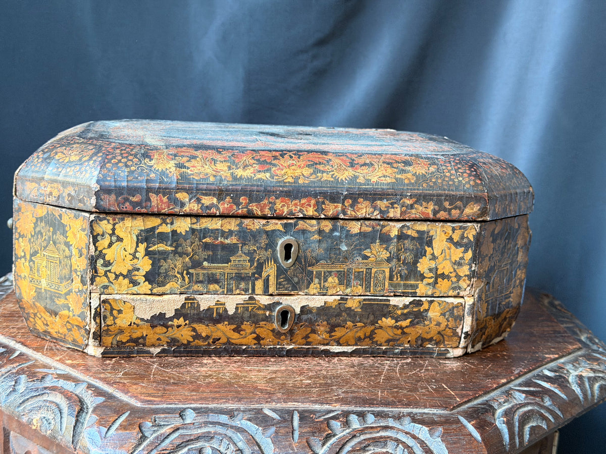 Antique Chinese Export Red Gilt Lacquer Work Box Writing Slope Drawer 19th C