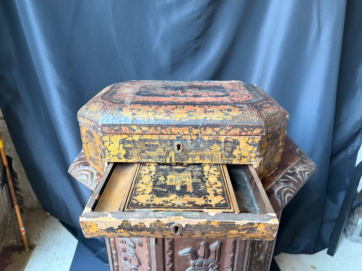 Antique Chinese Export Red Gilt Lacquer Work Box Writing Slope Drawer 19th C