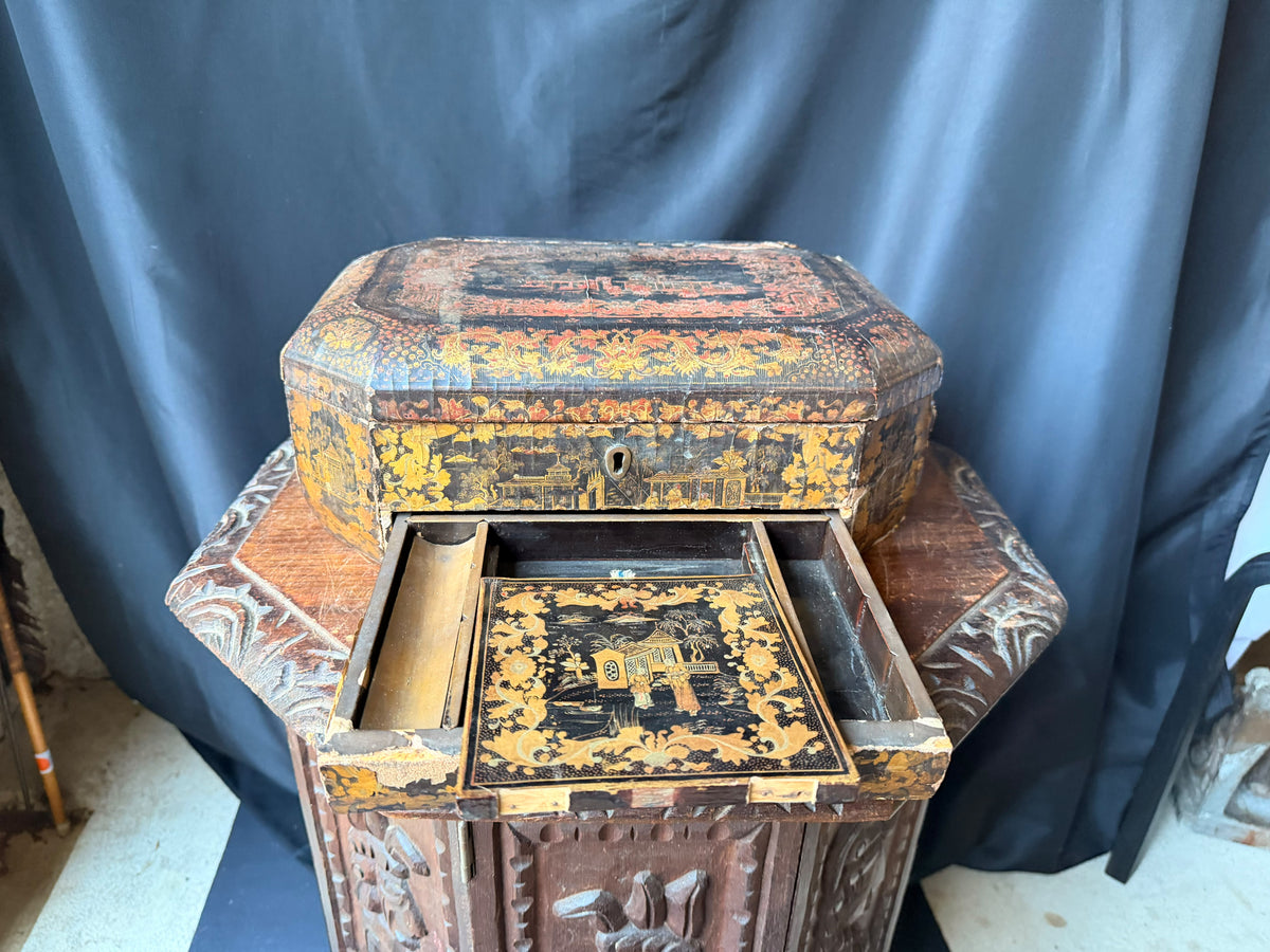 Antique Chinese Export Red Gilt Lacquer Work Box Writing Slope Drawer 19th C
