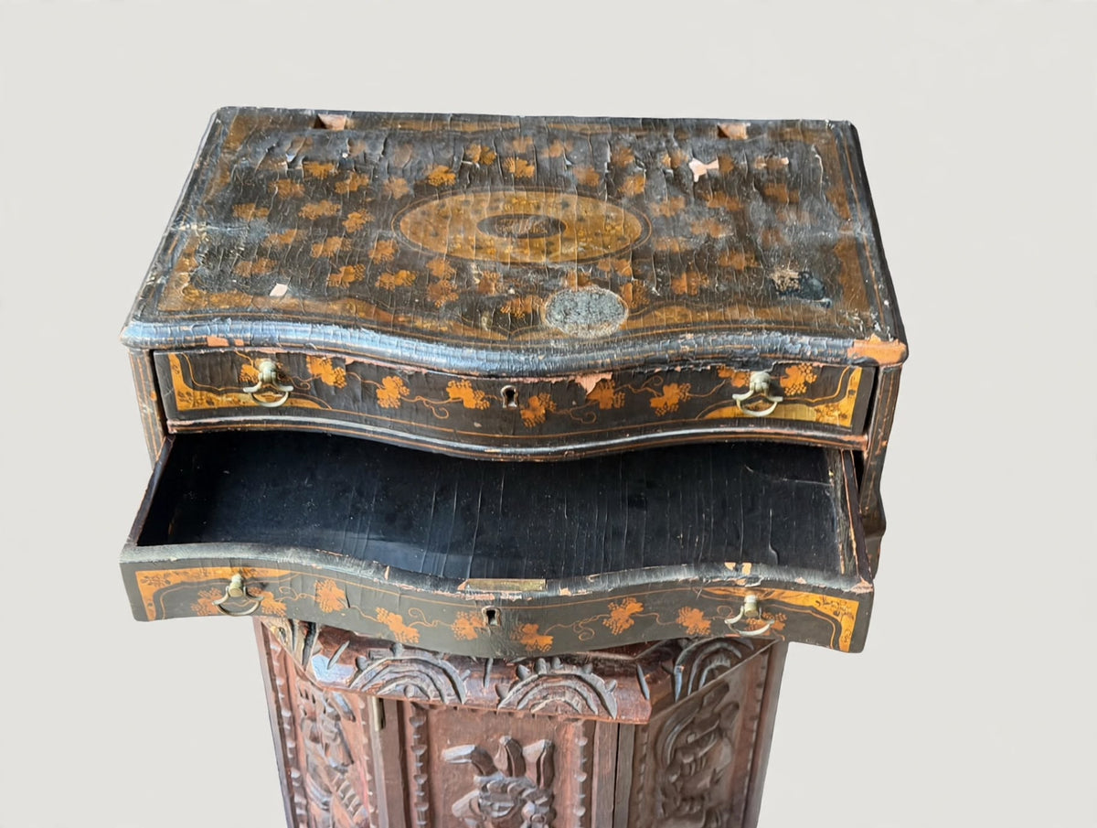 Antique Chinese Export Black Gilt Lacquer Chest 2 Drawers Grape Vine 19th C