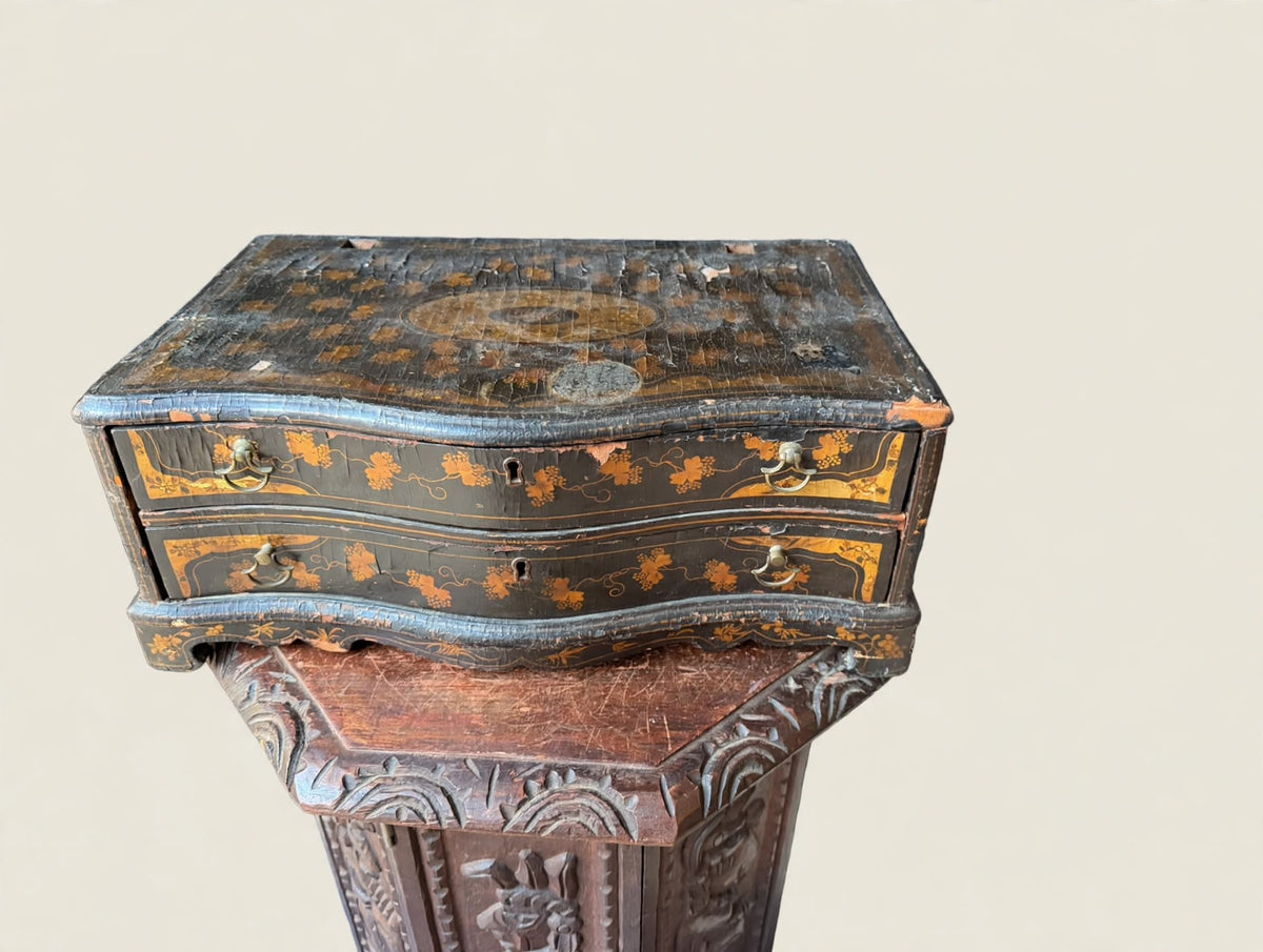 Antique Chinese Export Black Gilt Lacquer Chest 2 Drawers Grape Vine 19th C