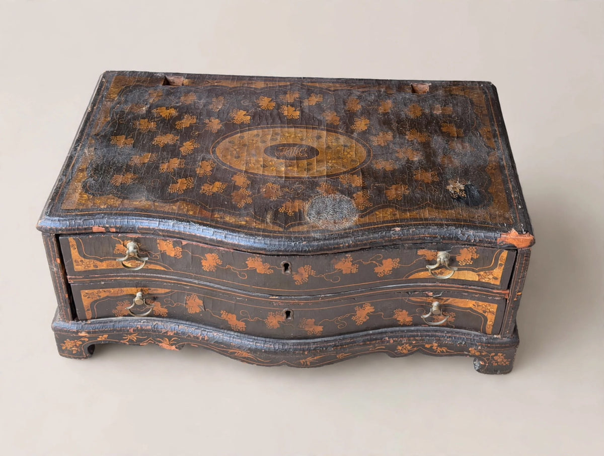 Antique Chinese Export Black Gilt Lacquer Chest 2 Drawers Grape Vine 19th C