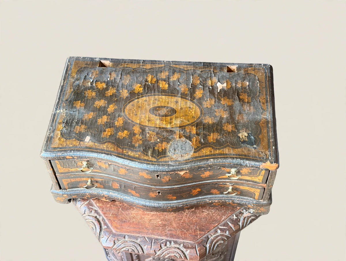Antique Chinese Export Black Gilt Lacquer Chest 2 Drawers Grape Vine 19th C