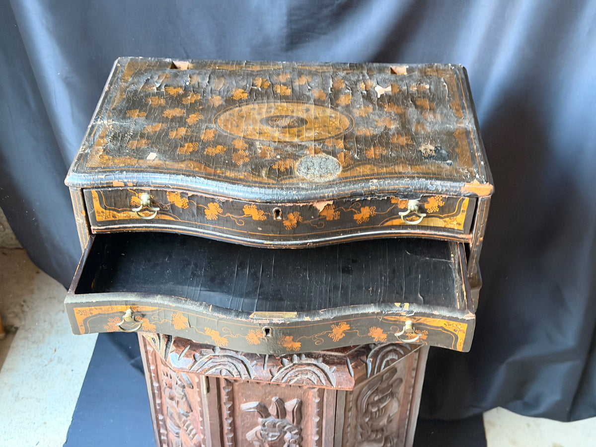 Antique Chinese Export Black Gilt Lacquer Chest 2 Drawers Grape Vine 19th C