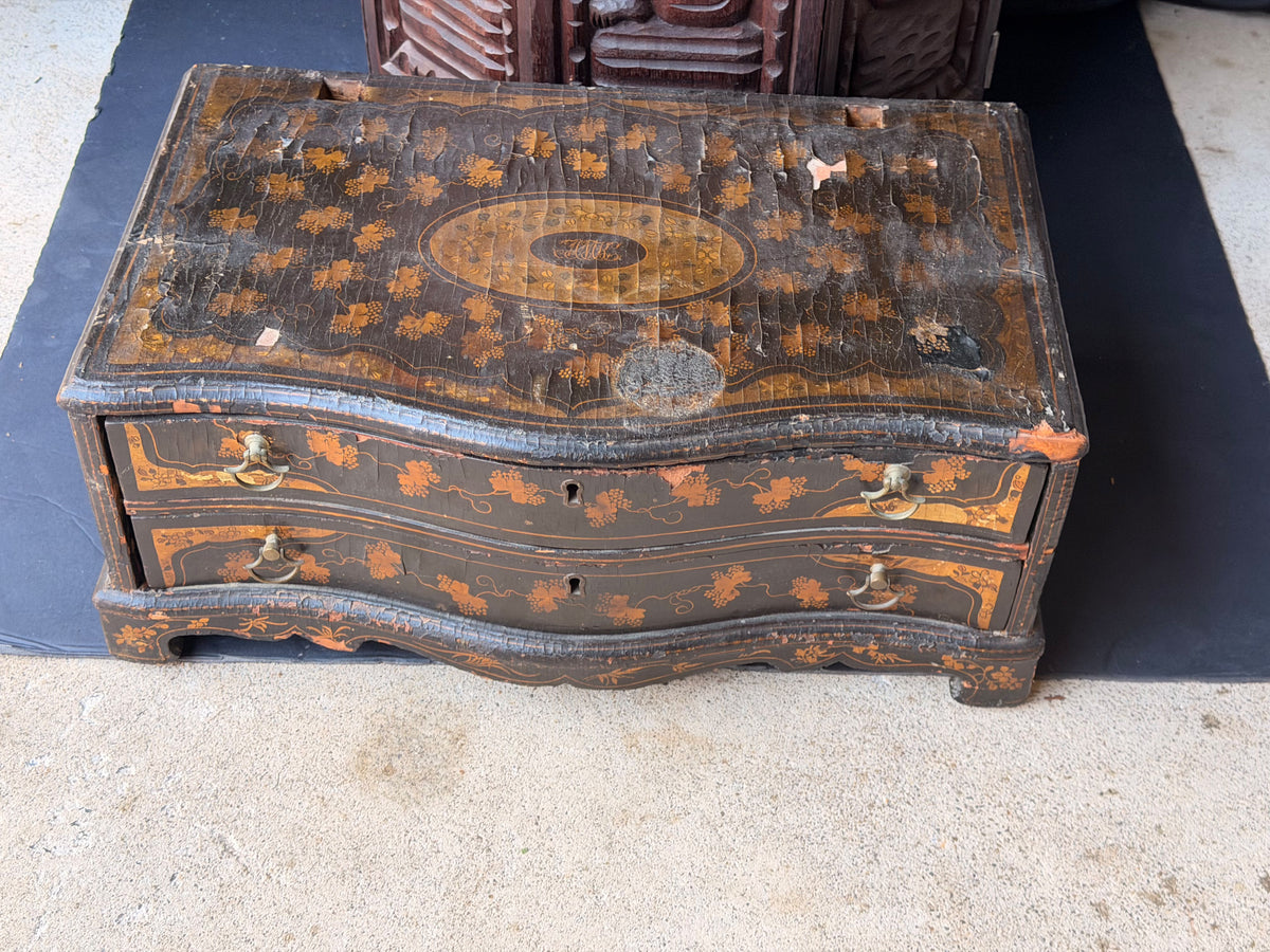Antique Chinese Export Black Gilt Lacquer Chest 2 Drawers Grape Vine 19th C