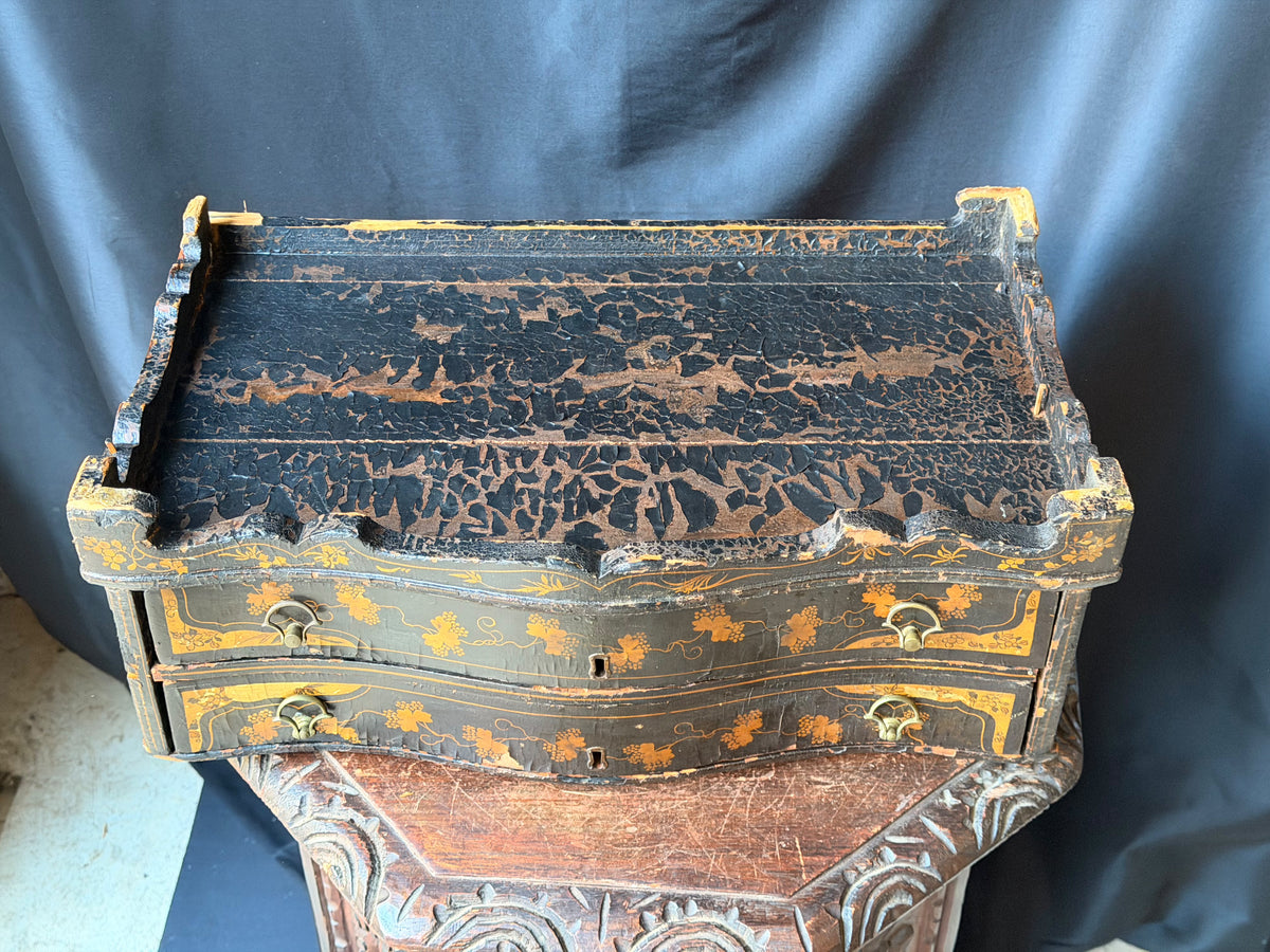 Antique Chinese Export Black Gilt Lacquer Chest 2 Drawers Grape Vine 19th C