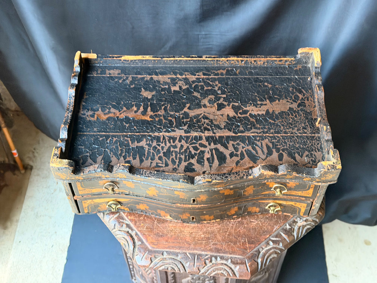 Antique Chinese Export Black Gilt Lacquer Chest 2 Drawers Grape Vine 19th C