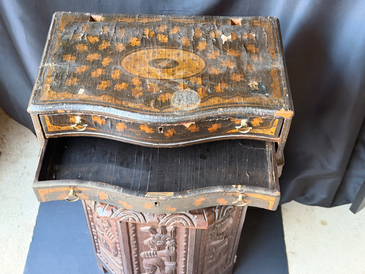 Antique Chinese Export Black Gilt Lacquer Chest 2 Drawers Grape Vine 19th C